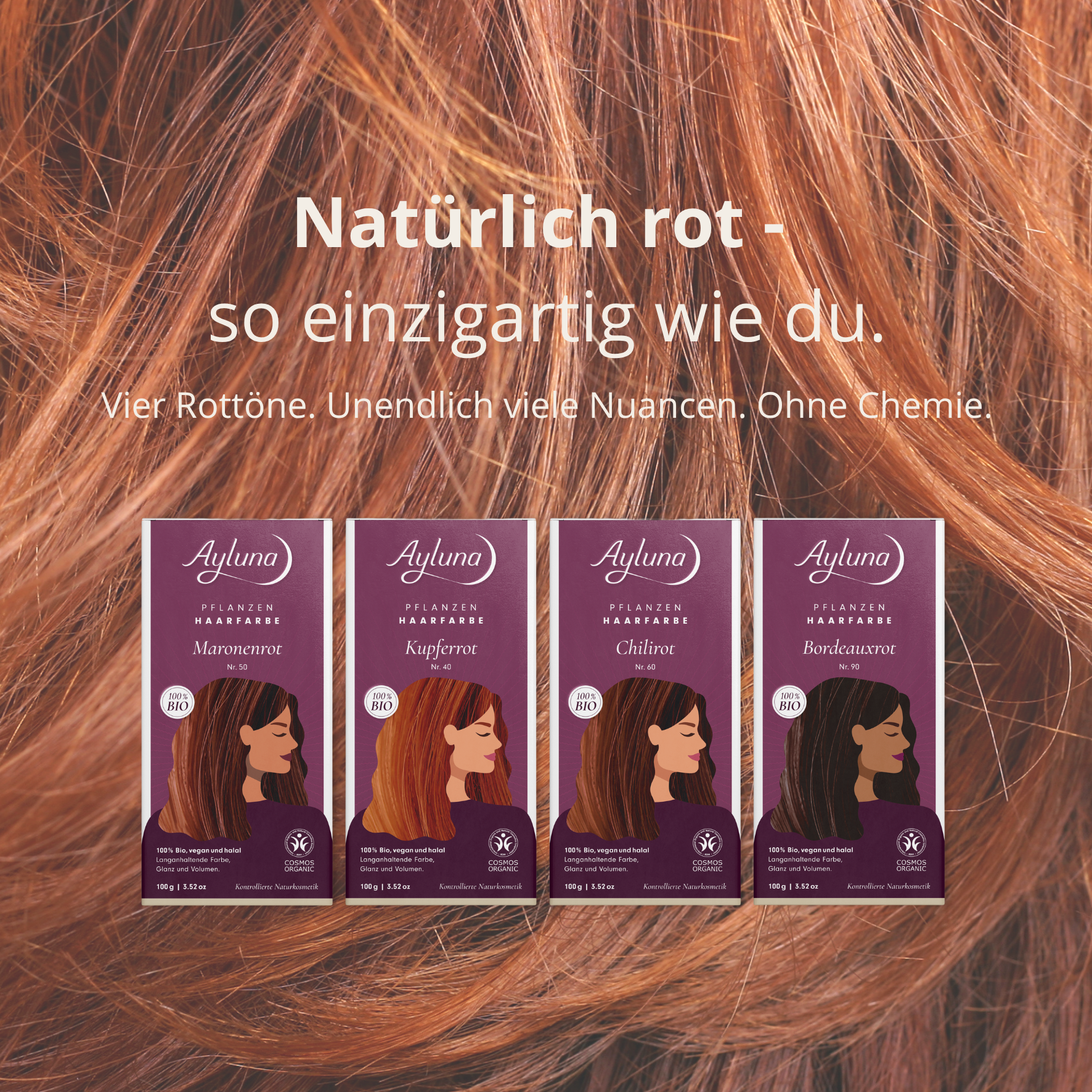 Ob Kupfer, Maronenrot, Chili oder Bordeaux – unsere pflanzlichen Haarfarben schenken deinem Haar Tiefe und Charakter, ganz ohne Standard-Ergebnis. ? 100 % pflanzlich • COSMOS-zertifiziert • vegan & pflegend Jetzt deinen Farbton entdecken!